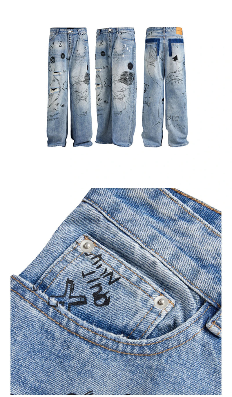 men baggy ripped jeans graffiti printed straight denim pants distressed jeans male streetwear hip hop jeans trousers y2k unique jeans style 5591