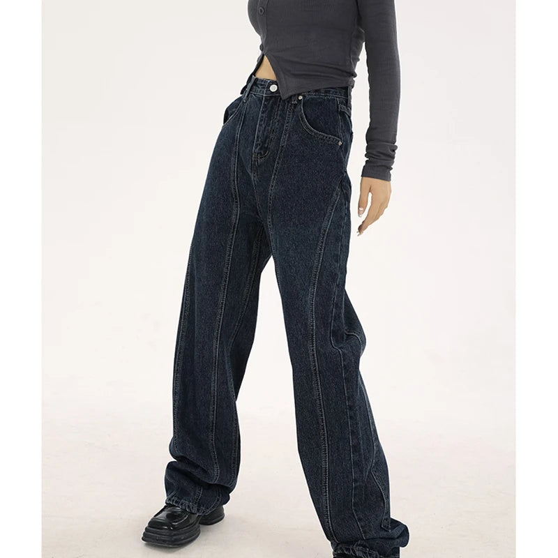 navy blue vintage jeans womans high waist summer wide leg denim trouser baggy streetwear chic design ladies straight jean pants denim street jeans