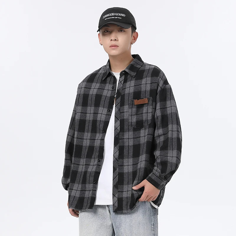Autumn Long Sleeved Shirt Men Oversized Retro Casual Shirt Men Japanese Streetwear Loose Plaid Shirt