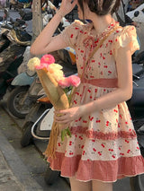Summer Red Lolita Kawaii Dress Women Bow Sweet Princess Party Mini Dress Female Patchwork Korean Fashion Cherry Cute Dress 2023