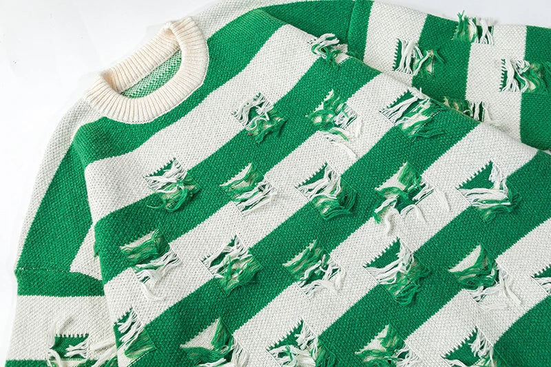 hip hop destroyed ripped holes knitted sweater mens casual striped pullover sweater unisex harajuku streetwear new autumn jumper - oversized streetwear hoodie, soft fleece-lined outerwear, 2025 streetwear drop