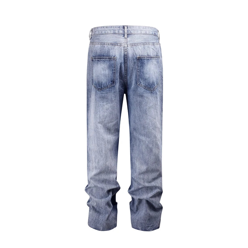 american vintage trendy deconstructed ruffled denim jeans mens flared distressed jeans pants high street straight jeans for male unique jeans style 786