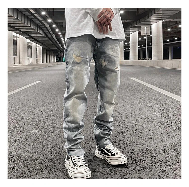 original tie dyed ripped flared denim jean for men streetwear washed hole casual stacked jeans pants mens slim fit jeans 2023 unique jeans style 3750