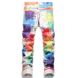 fashion colorful graffiti printed jeans printed denim pants men biker zipper jeans streetwear slim fit y2k hip hop pants joggers unique joggers style 2460