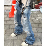 vintage ripped flared jeans blue straight baggy jeans trousers streetwear luxury loose casual distressed denim pants male ripped baggy denim