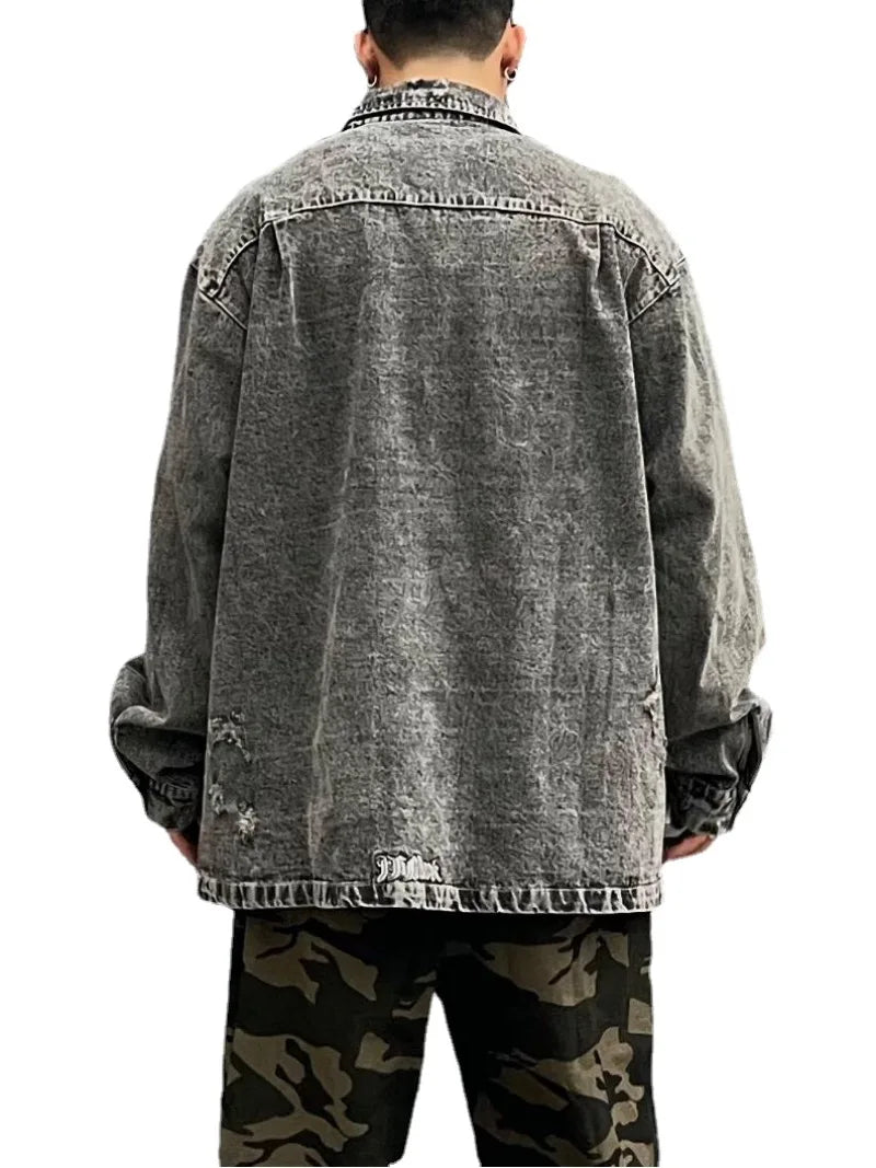Hip Hop Denim Jeans Shirt Harajuku Retro Washed Letter Embroidery Long Sleeve Shirts for Men High Street Casual Loose Tops Shirt