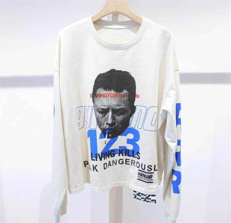 SS24 Vintage gymGnostic 123 Portrait Letter Print High-Street Casual White Loose Cotton Long Sleeve T Shirt Pullover Sweatshirt