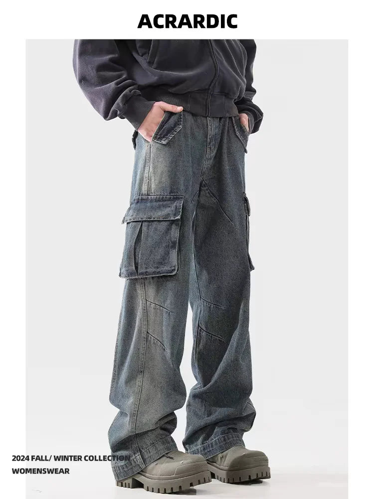 american spring and autumn street trendy personalized work clothes jeans for couples loose retro straight leg casual pants y2k unique jeans style 4982