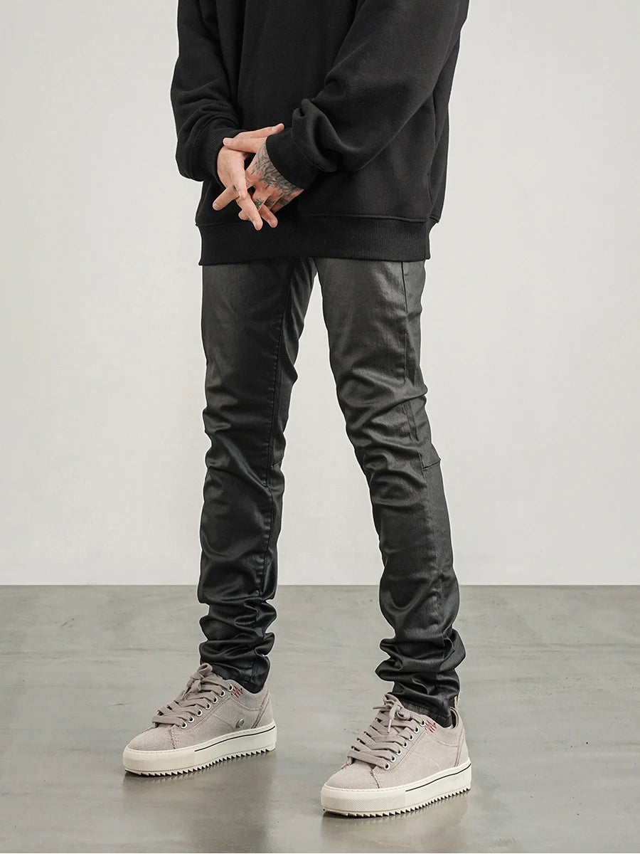 men pants high street wax coating pant casual streetwear hip hop zipper trousers harajuku fashion slim fit skinny pants joggers unique joggers style 2126