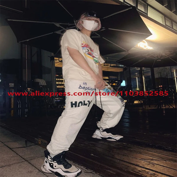 2024 autumn winter vintage casual sports pants mens letter illustration printed loose drawstring leg strap high street hip hop urban fashion pants