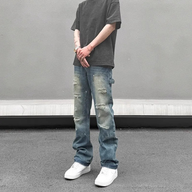 high street distressed black hole washed destroyed jeans casual ripped logging pants straight wide leg denim pants for men unique jeans style 87