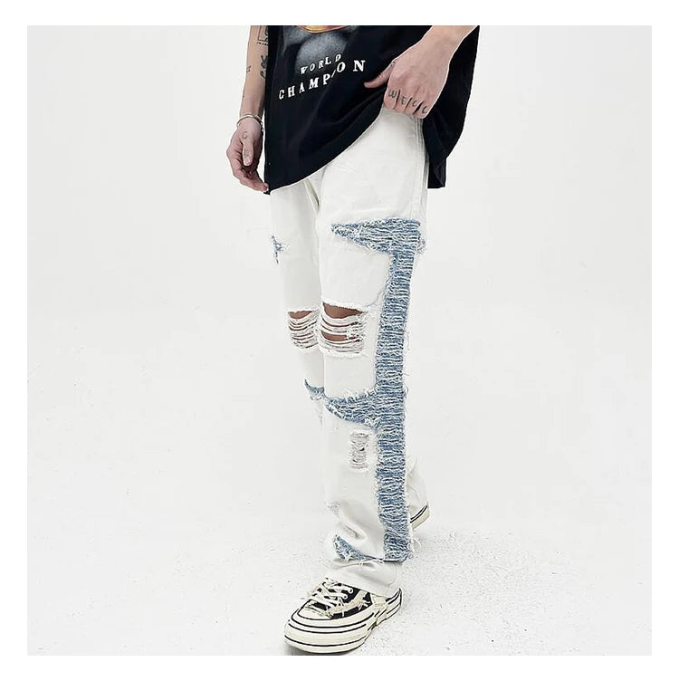mens high street denim jean pants casual loose destroyed ripped holes straight jeans side patchwork hip hop streetwear joggers unique joggers style 2744