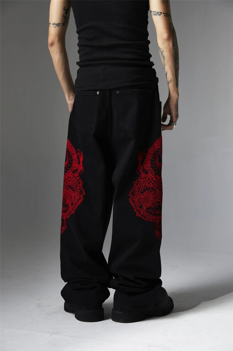 mens black baggy jeans dragon embroidered straight jeans streetwear hip hop loose trousers male luxury designer denim pants 1 unique jeans style 1800