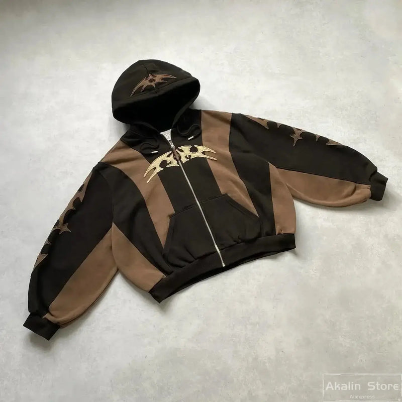 Vaporwave Drop – Y2K Patch Design Loose Zip Hoodies For Men Geometric Pattern – Streetwear Fashion for Men & Women