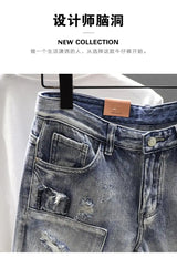 Light Blue Ripped Summer Denim Shorts Street Heavy Washed Destroyed Shorts Men