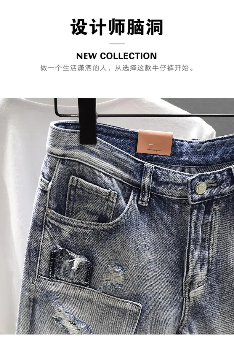 Light Blue Ripped Summer Denim Shorts Street Heavy Washed Destroyed Shorts Men