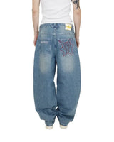 hip hop protect streetwear jeans y2k mens pants harajuku letter embroidery vintage blue baggy jeans high waist wide leg trouser stacked flare jeans