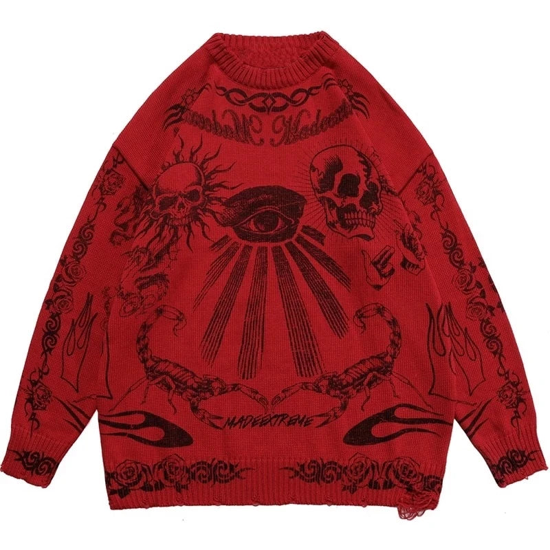varsity flame pullover for men with bold graphic knit design, perfect for 2025 fashion, street fashion menswear trend for sea