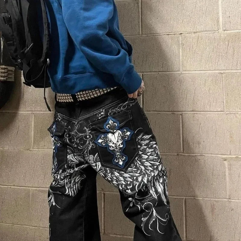 hip hop fashion y2k street high waist gothic skull geometry men jeans american retro couples straight loose pants unique jeans style 1661