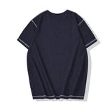 Glitchcore Melting smiley – Denim Blue Knitted Henry Collor T Shirt Men Vintage Topstitc