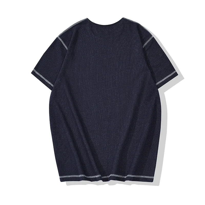 Glitchcore Melting smiley – Denim Blue Knitted Henry Collor T Shirt Men Vintage Topstitc