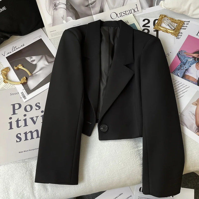 Black Short Blazer For Women Trendy 2024 Versatile Notch Collar Short