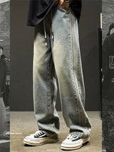 elastic waist baggy jeans for men side striped wide leg denim pants korean fashion casual trousers y2k vintage jean hombre unique jeans style 3252