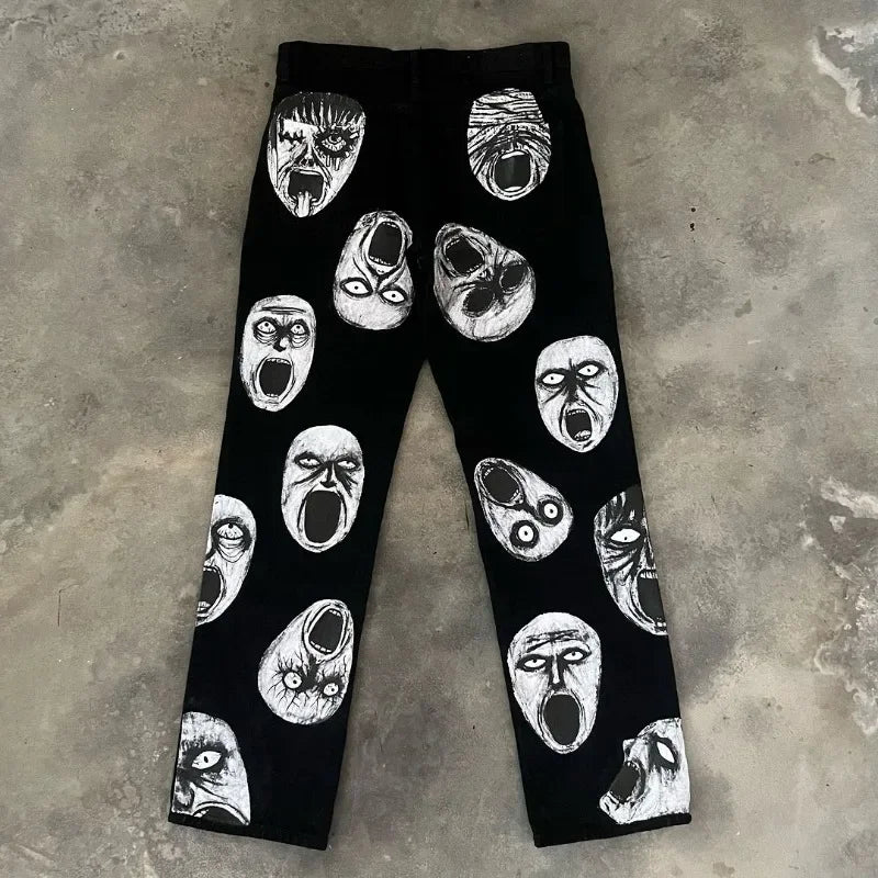 street retro dark style cartoon anime print oversized wide leg pants women y2k harajuku trendy brand high waist washed trousers relaxed fit trousers
