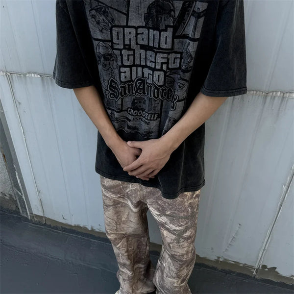 2024 Summer High Quality Oversized Short Sleeve Vintage Shirts Tops Clothing Anime Game Cartoon Heavy Print High Street American