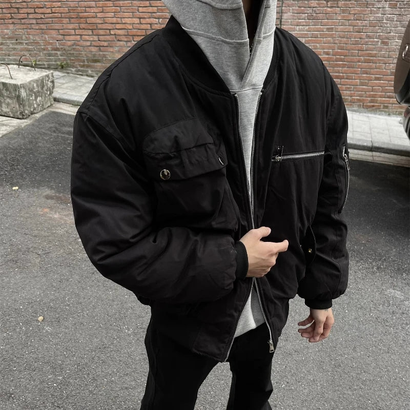 High Street Pilot Cotton Jackets Mens Thickening Winter Tooling Trendy Profile Warm Bomber Coats Unisex Baseball Collar Parkas