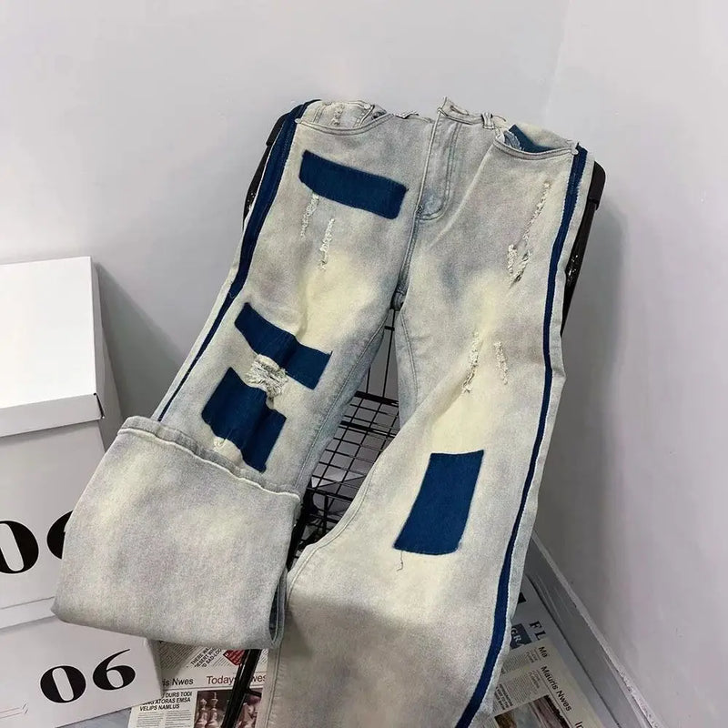 men and women trendy high street retro washed ripped color blocked jeans summer hip hop loose straight leg casual pants y2k vintage washed jeans