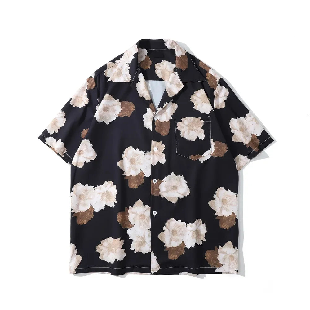 Dark Icon Floral Hawaiian Shirt Men Tur-down Collar Men's Polo Shirt Black White