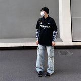 street japanese mens set embroidered fake two piece patchwork tops hip hop washed jeans 2 piece harajuku suits y2k streetwear vintage washed jeans