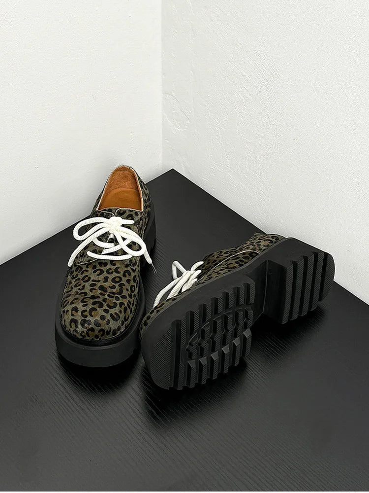 Men Leopard Genuine Leather Streetwear Fashion Casual Retro Derby Shoes Cityboy Cow Leather Height Increasing Shoes Loafers Man