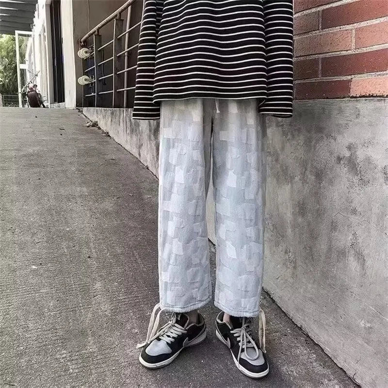 american plaid straight jeans mens casual streetwear printed denim pants autumn baggy classic wide leg retro y2k jean trousers urban skinny jeans