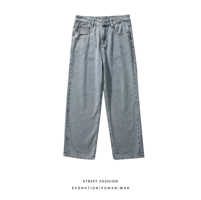 korean fashion mens baggy jeans classic all match solid color straight leg denim wide leg pants male light blue grey black unique jeans style 1129