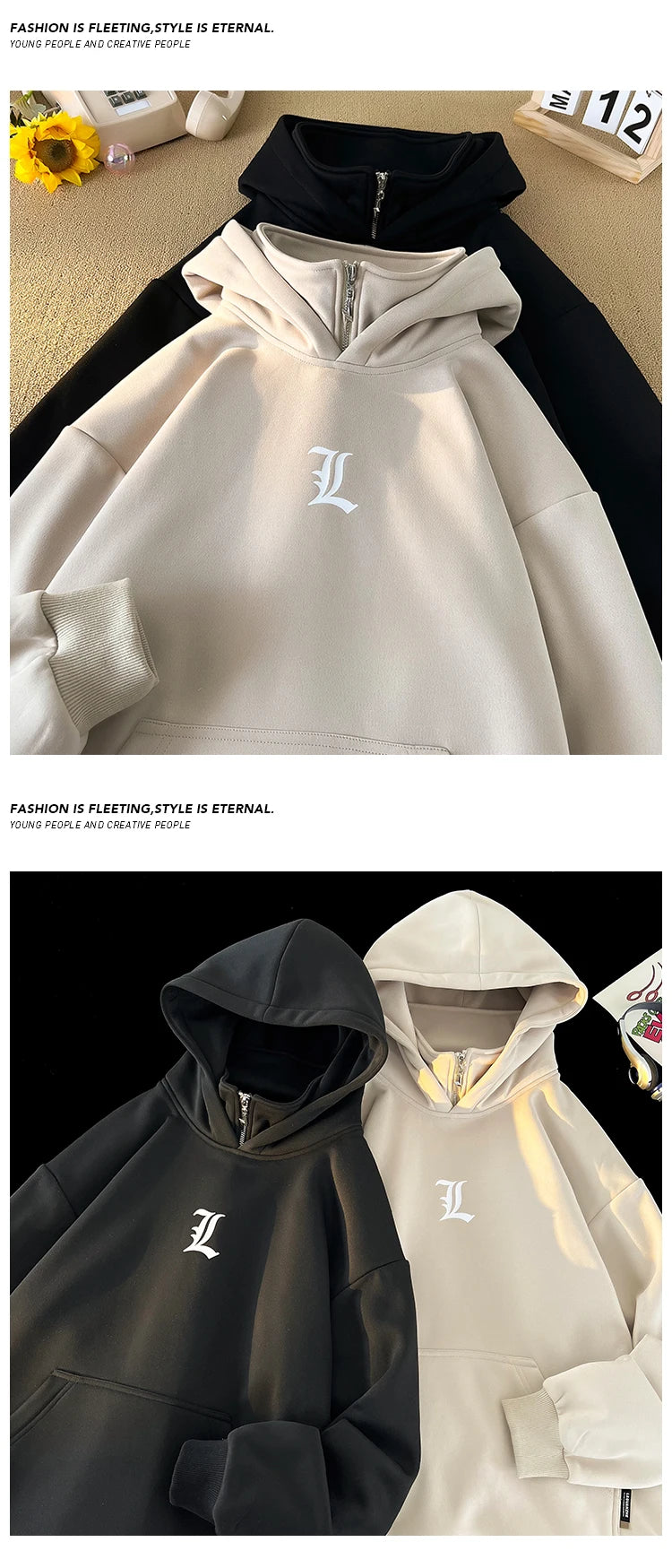 2024 Spring Half Zip Large Size Hooded Sweatshirts Korean Mens Pullove