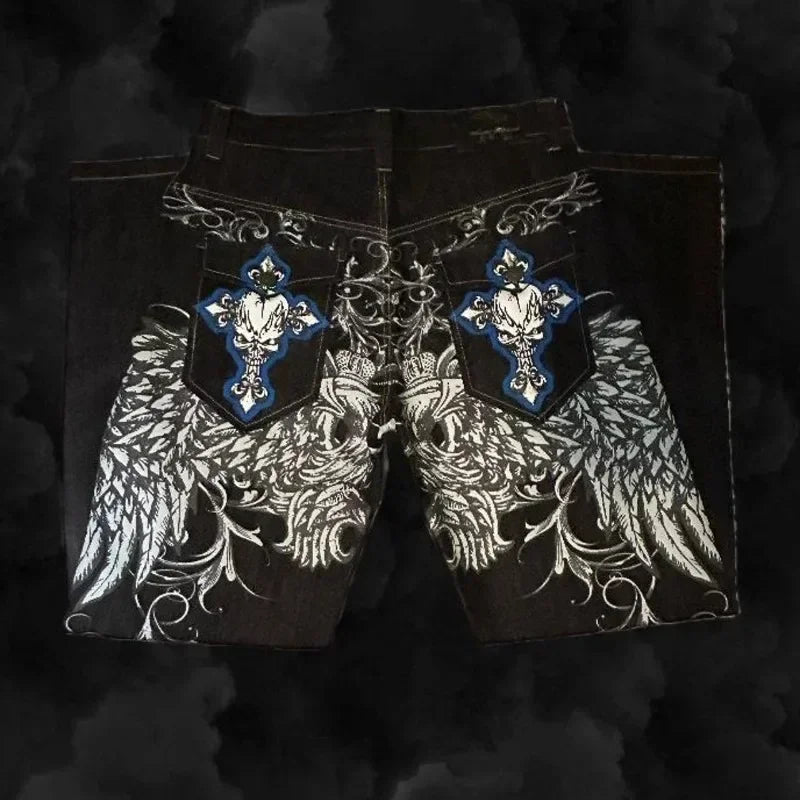 hip hop fashion y2k street high waist gothic skull geometry men jeans american retro couples straight loose pants vintage washed jeans