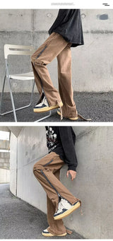 2023 cool design side zipper baggy men cargo jeans pants vintage brown straight cotton hip hop long trousers pantalones hombre unique cargo style 5832