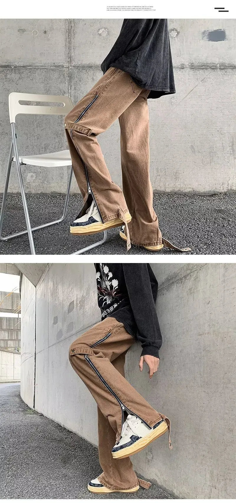 2023 cool design side zipper baggy men cargo jeans pants vintage brown straight cotton hip hop long trousers pantalones hombre unique cargo style 5832