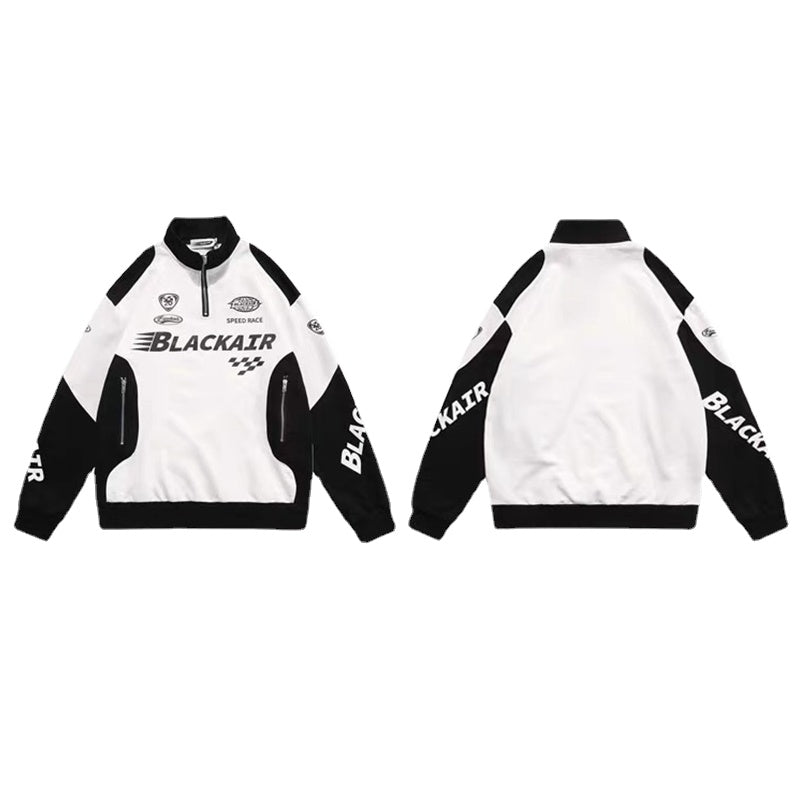 Retro Techwear Stand Collar Jacket Hip-hop Streetwear Half Zip Sweatshirt Letter Print Long-sleeved Patchwork Zipper Coat