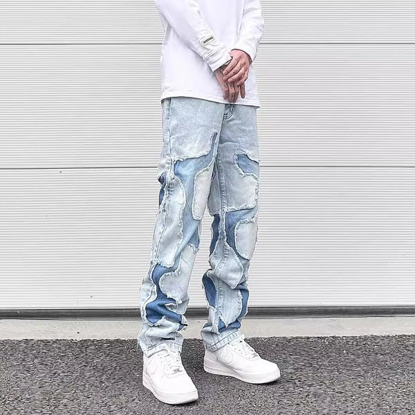 streetwear swag style blue frayed jeans pants for men retro washed ripped casual tapered denim trousers slim fit y2k jean male stacked flare jeans