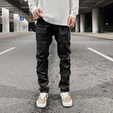 streetwear kanye slim fit feet coated black jeans pants for men pocket brushed wax tapered pants man casual cargo jeans y2k combat utility trousers