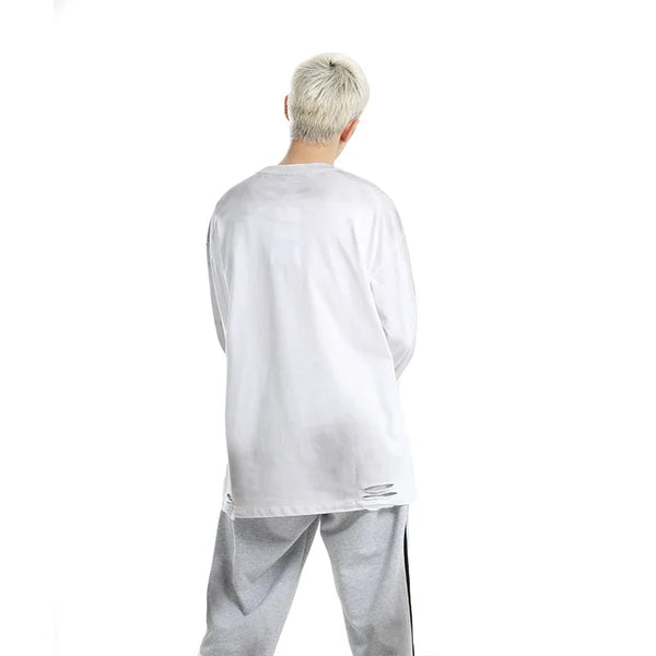Vaporwave Barcode glitch – Mens Streetwear Hole Washed Cotton Long Sleeve Loose Casual