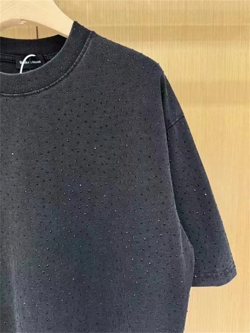 BALCG Style Original Heavy duty Starry Sky Washed Olded Starry Sky Rhinestone Oversized Loose Short sleeved T-shirt White