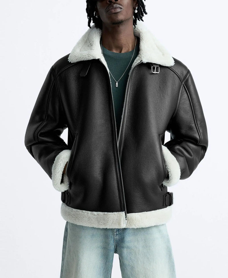Warm Winter High-quality Lapel Suede Cashmere Piping Double-sided Motorcycle Punk Leather Jacket For Men