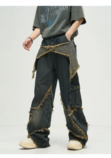 fashion patchwork frayed star denim straight jean pant men casual side pocket y2k trouser unisex hip hop streetwear jeans pants unique jeans style 394