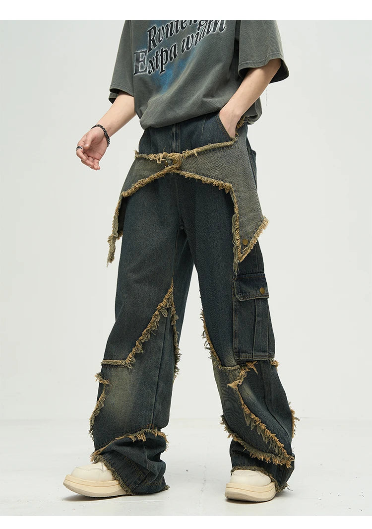fashion patchwork frayed star denim straight jean pant men casual side pocket y2k trouser unisex hip hop streetwear jeans pants unique jeans style 394