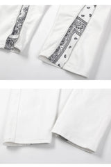 high street black white straight zipper becomes slightly flared denim jeans harajuku casual hip hop cashew flower jeans for men unique jeans style 4429