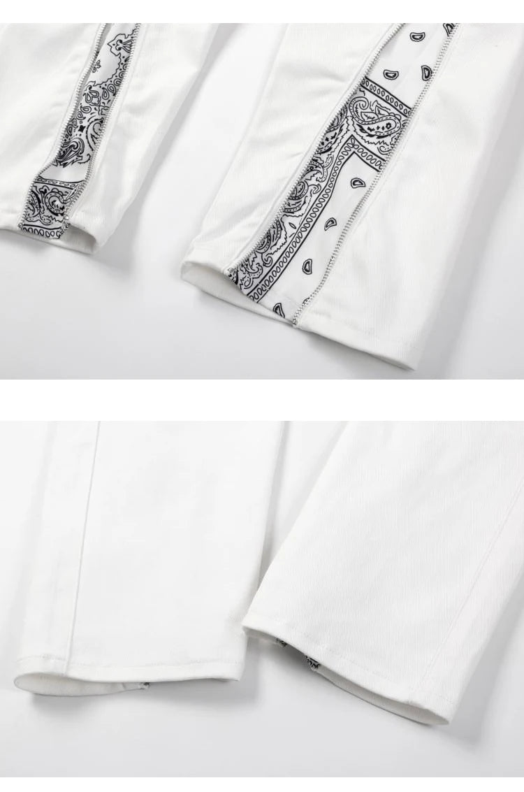 high street black white straight zipper becomes slightly flared denim jeans harajuku casual hip hop cashew flower jeans for men unique jeans style 4429
